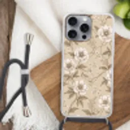 Bloemen - Patroon - Beige Hoesje iPhone 16 Pro Max met koord klein -sfeer4