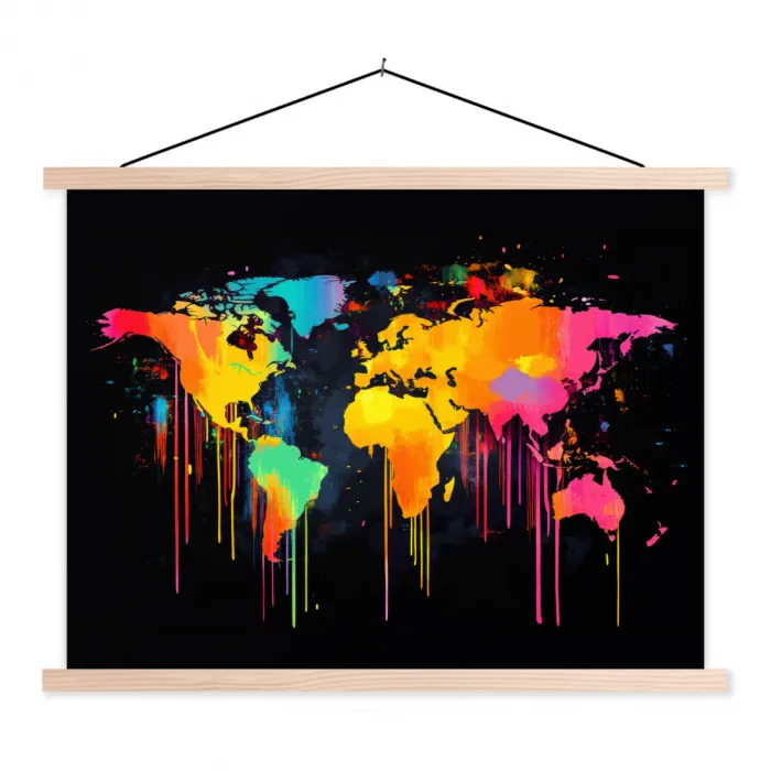Wereldkaart - Verf - Kleurrijk - Graffiti - Wereld textielposter latten blank klein -3d