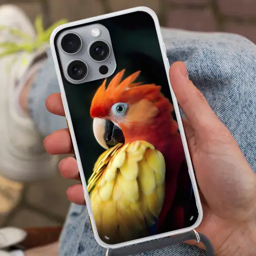 Close-up - Papegaai - Veren - Oranje Hoesje iPhone 16 Pro Max met koord klein -sfeer3