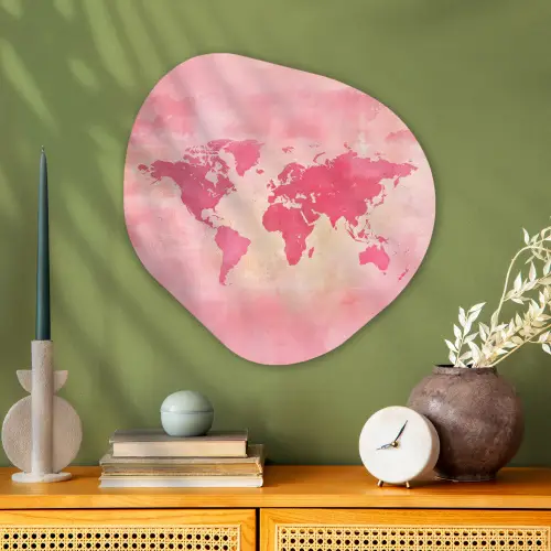 Wereldkaart - Roze - Vaag Wandcirkel Organisch Plexiglas middel -sfeer2