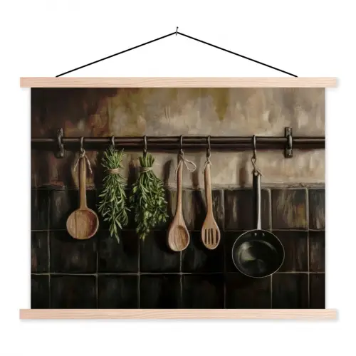 Keukengerei - Rustiek - Tegels - Kruiden textielposter latten blank klein -3d