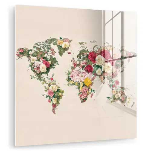 Wereldkaart - Bloemen - Roze plexiglas 5mm klein -zzzproduct_nieuw