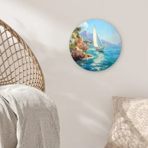 Zeilboot - Rotsen - Kust - Huizen Wandcirkel kunststof plaat 5mm dik klein -sfeer5