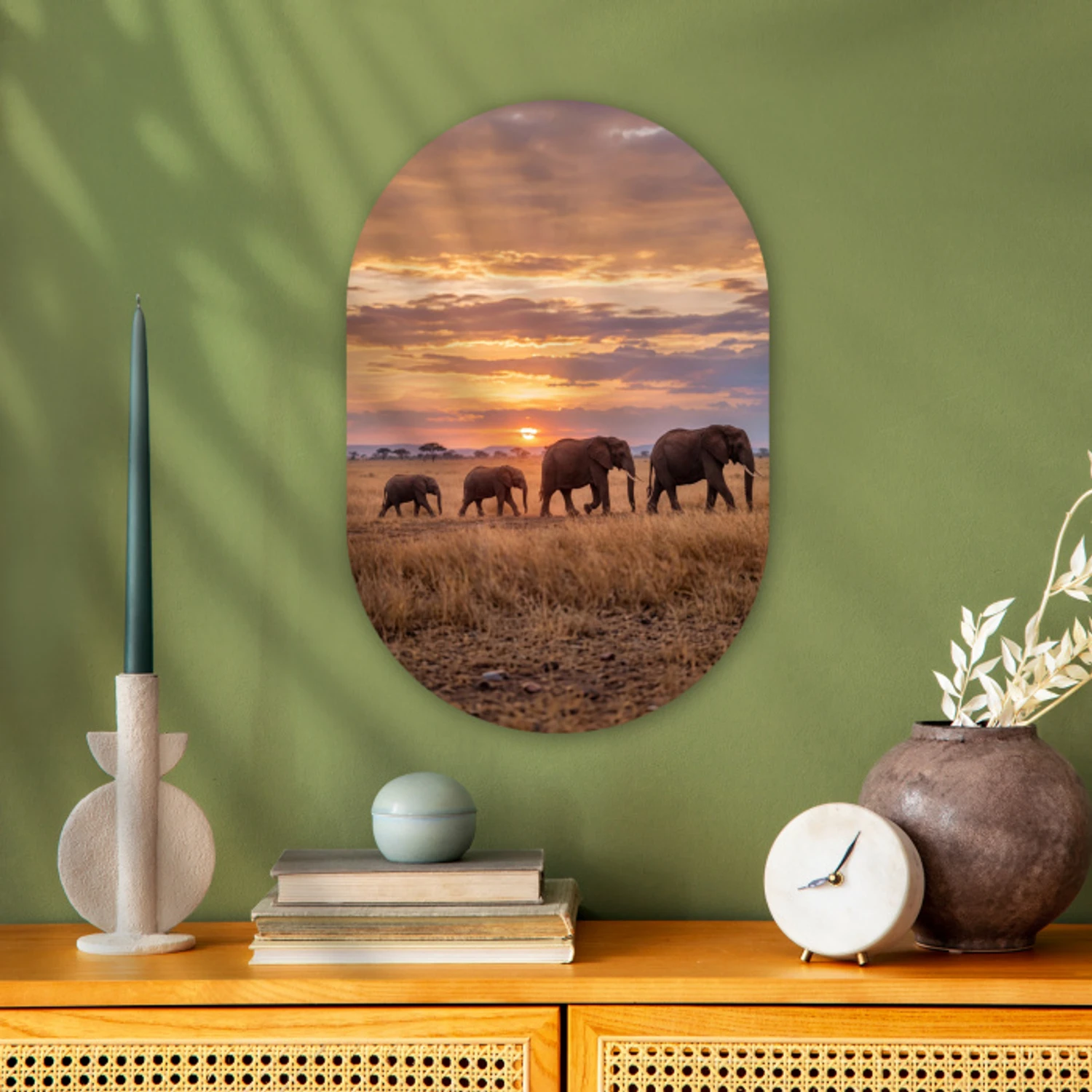 Olifanten - Savanne - Zonsondergang - Afrika - Warm Wandcirkel Ovaal Forex klein -sfeer2