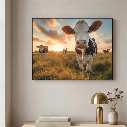 Koe - Weiland - Dieren portret - Natuur - Koeien Textielframe zwart klein -sfeer2