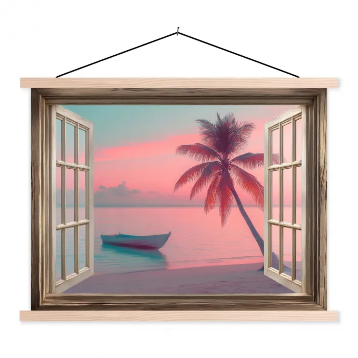 Doorkijk - Strand - Palmboom - Tropisch textielposter latten blank klein -3d