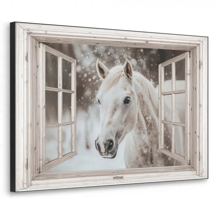 Paard - Wit - Winter - Sneeuw - Doorkijk - Dieren Textielframe zwart klein -3d