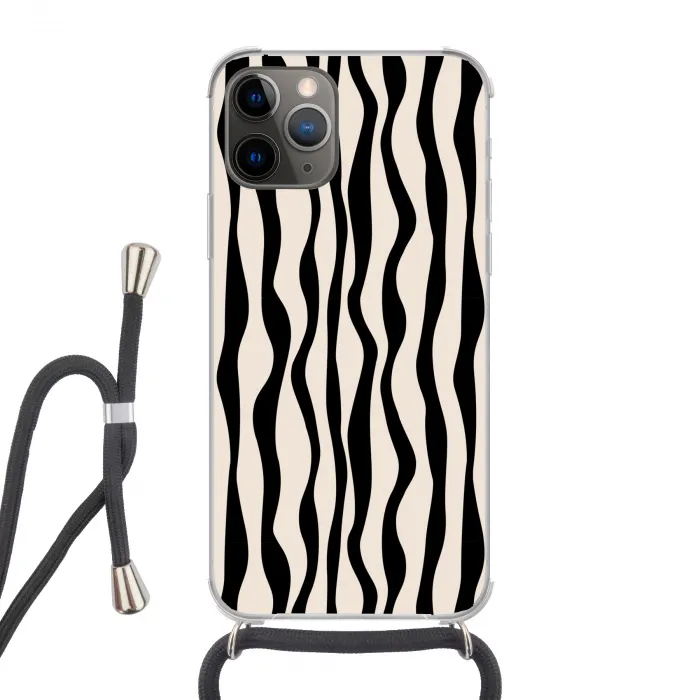 Golvende lijnen - Beige - Zwart - Abstract Hoesje iPhone 12 Pro met koord klein -3d