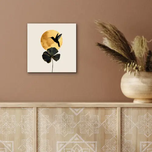 Zwarte kolibrie - Bloem - Gouden cirkel aluminium wit klein -sfeer4