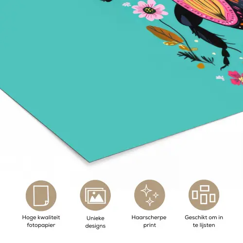 Kever - Bloemmotieven - Turquoise - Bladeren poster papier klein -closeup_NL
