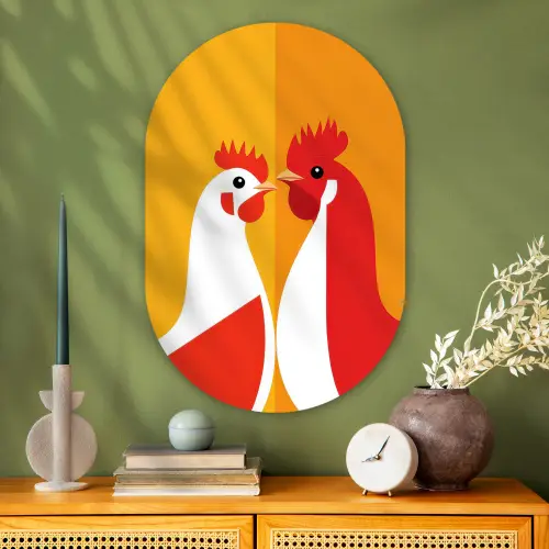 Kippen - Oranje - Vlakken Wandcirkel Ovaal Glas middel -sfeer2
