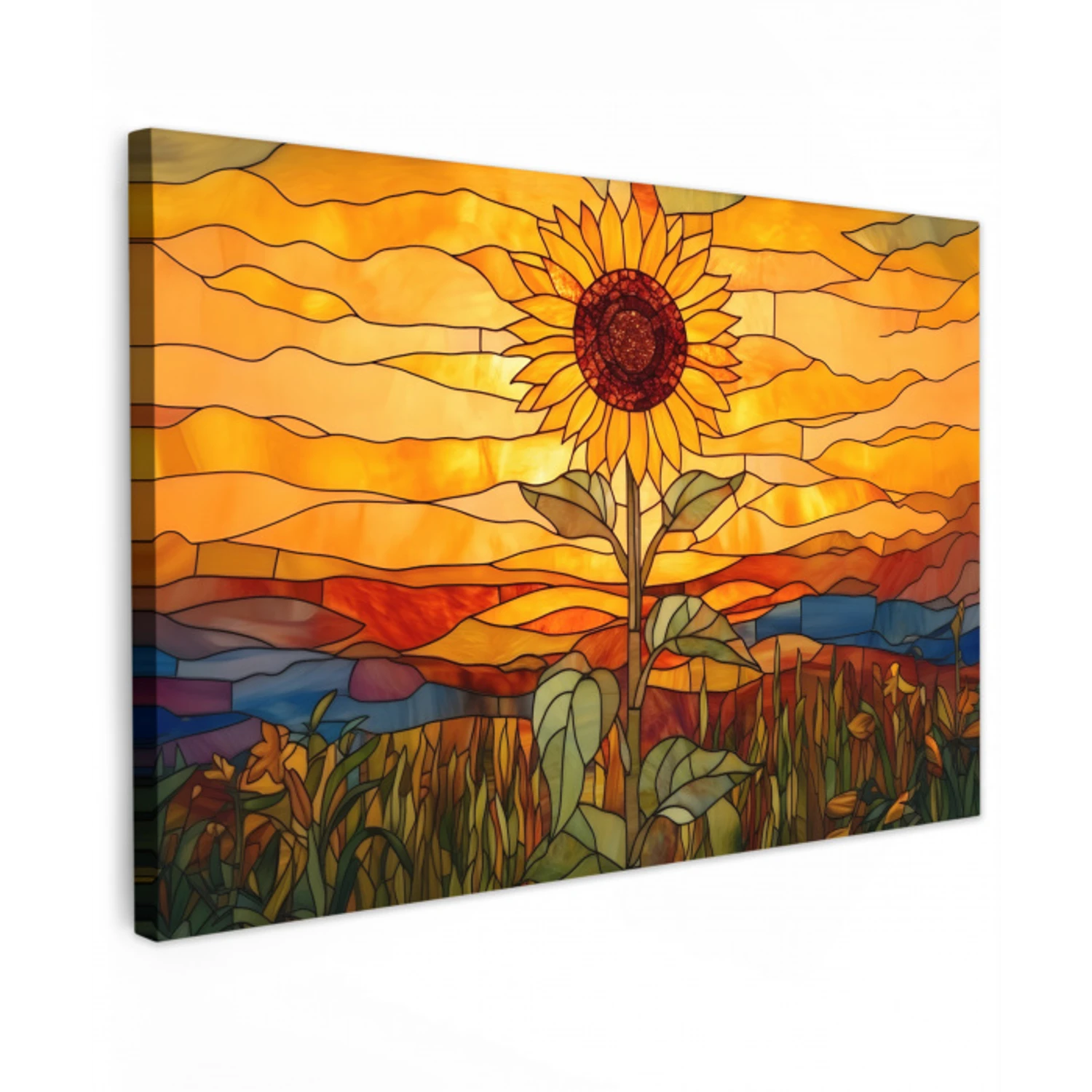 Zonnebloem - Mozaïek - Zonsondergang - Geel Tuinposter op houten frame 2 cm dik klein -3d