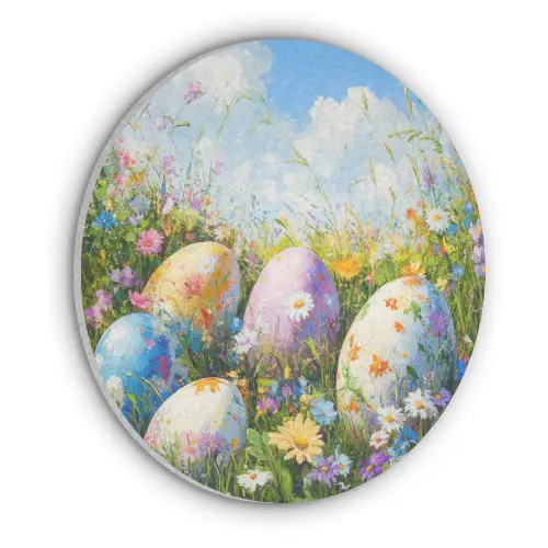 Grasveld - Eieren - Bloemen Akoestische PET Vilt - Rond klein -3d