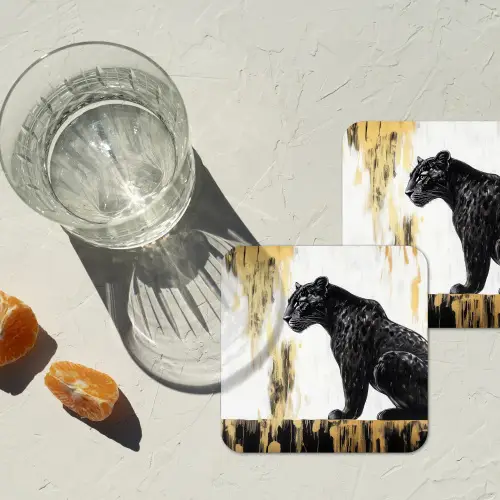 Panter - Zwart - Abstract - Goud onderzetter kurk middel -sfeer4