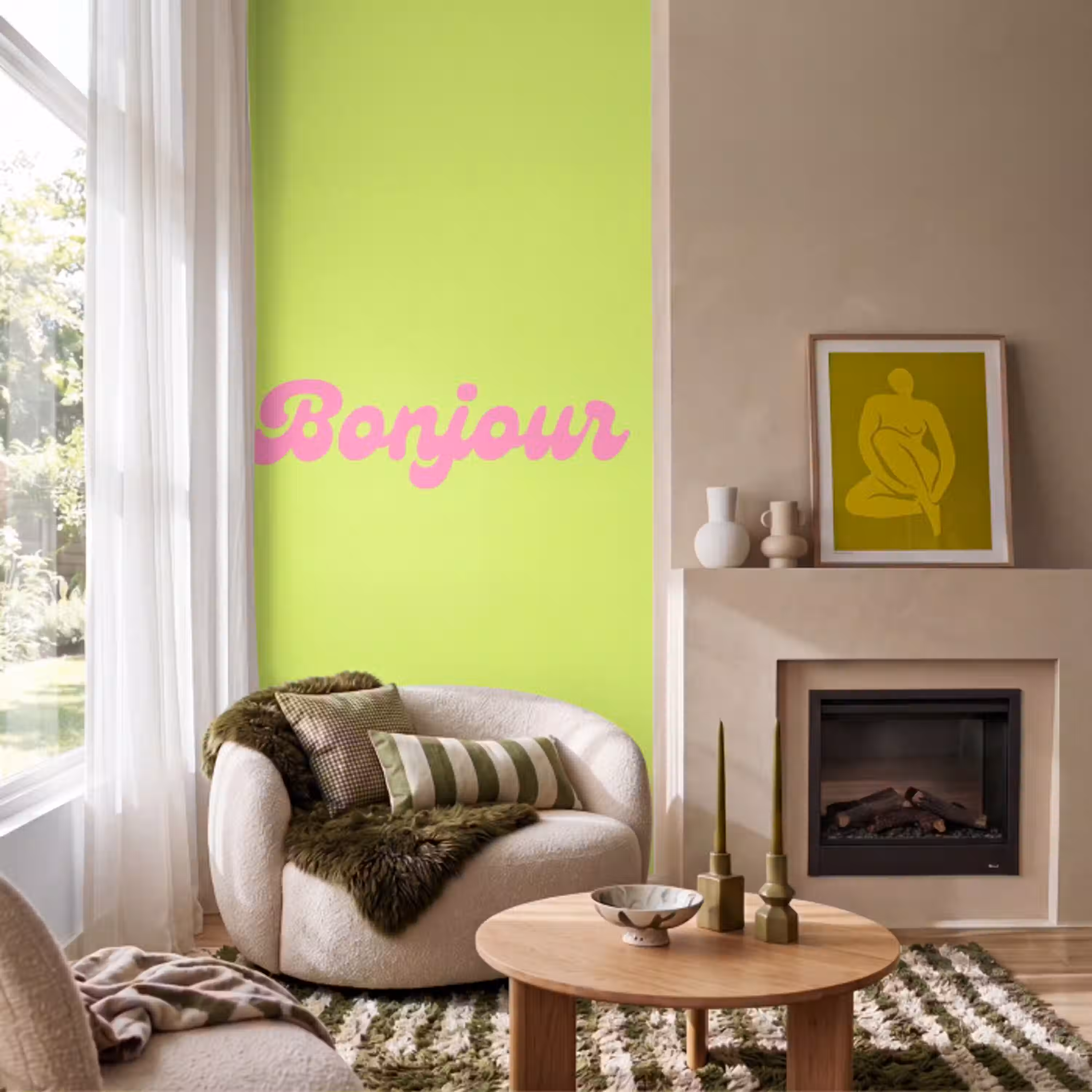 Groen - Roze - Bonjour - Retro Behang Vlies klein -sfeer2