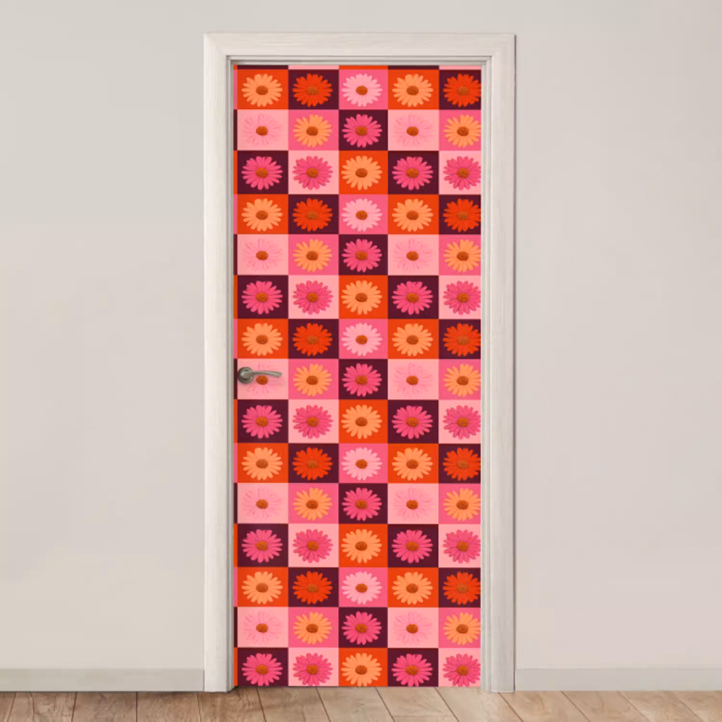 Madeliefjes - Dambord - Retro - Roze - Oranje deurposter klein 289 -3d_beige