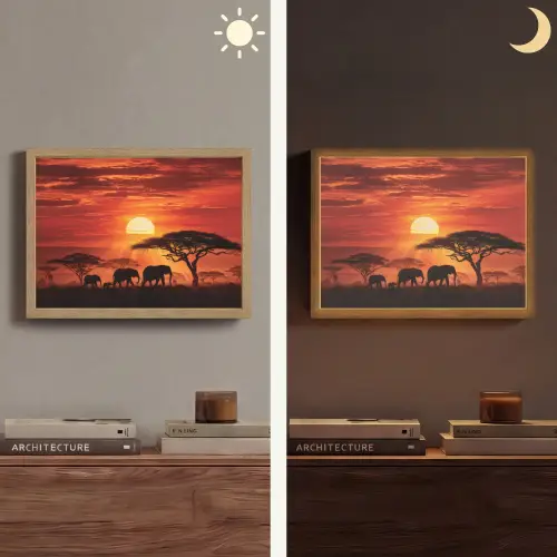 Savanne - Olifanten - Zonsondergang Light Box met batterij (Wandlamp) middel -sfeer3