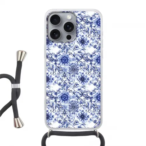 Bloemen - Blauw - Patroon - Wit Hoesje iPhone 16 Pro Max met koord klein 804 -3d