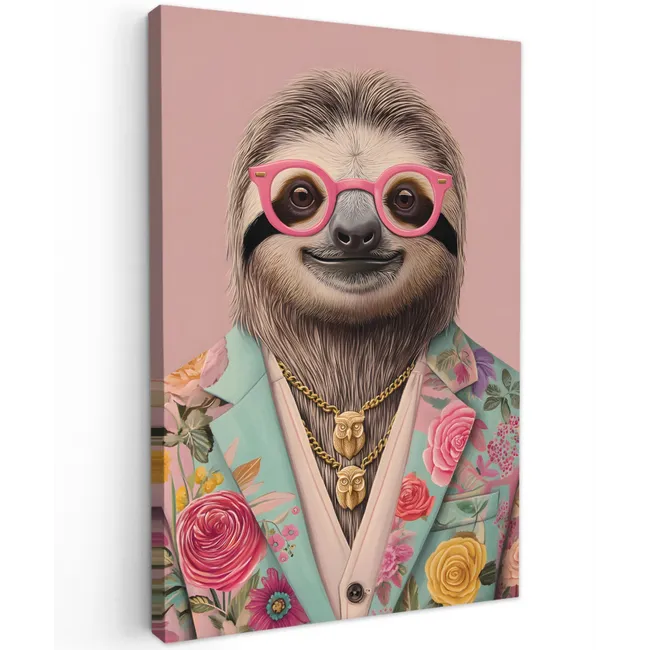 Luiaard - Bloemenprint - Bril - Roze Tuinposter op houten frame 2 cm dik klein -3d