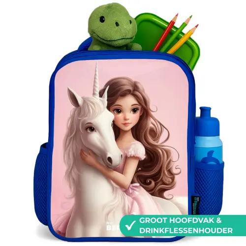 Meisje met witte eenhoorn op roze achtergrond Kinderrugzak - Blauw middel -inhoud_NL