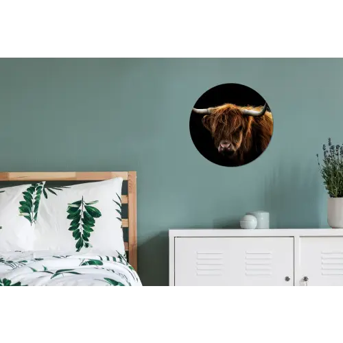 Schotse Hooglander - Horens - Zwart - Dieren - Natuur - Wild - Koe Wandcirkel aluminium klein -slaapkamer