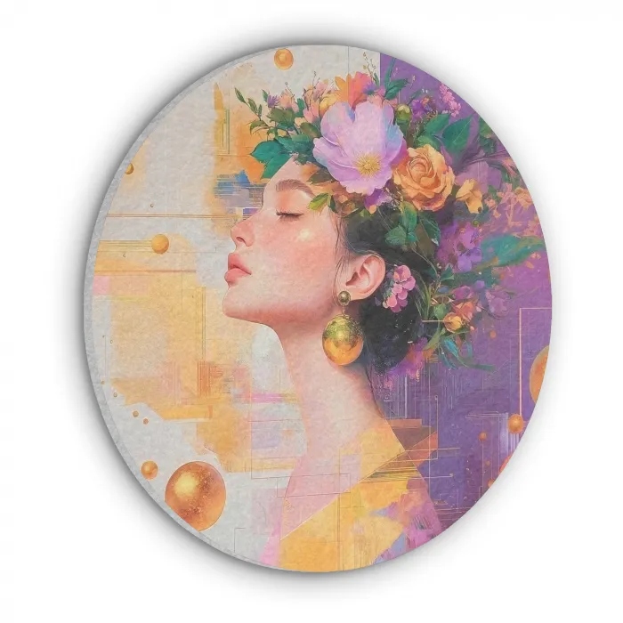 Abstract - Vrouw - Bloemenkroon - Goud Akoestische PET Vilt - Rond klein -3d