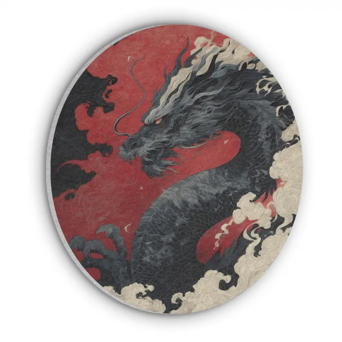 Zwarte draak - Rookwolken - Rood Akoestische PET Vilt - Rond klein -3d