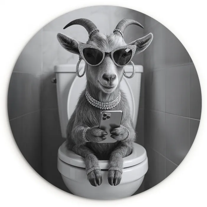 Geit - Telefoon - Toilet - Zwart - Wit Wandcirkel kunststof plaat 5mm dik klein -3d