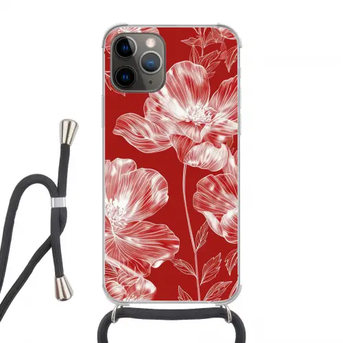 Bloemen - Patroon - Rood - Wit Hoesje iPhone 12 Pro met koord klein -3d