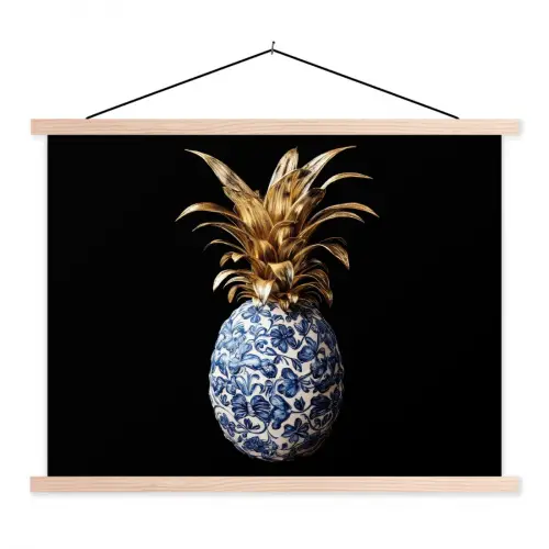 Ananas - Bloemen patroon - Goud - Delftsblauw textielposter latten blank klein -3d