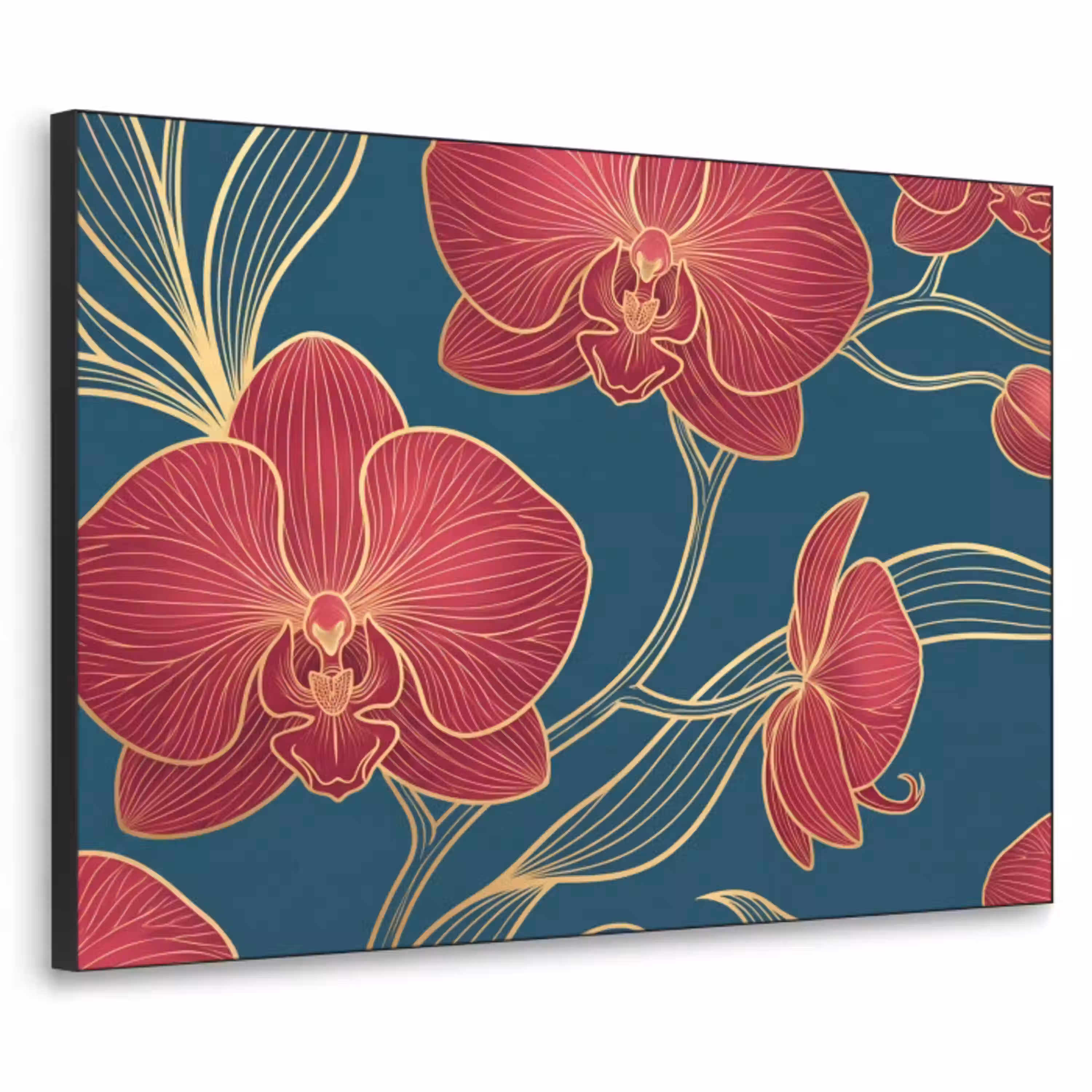 Bloemen - Rood - Goud Textielframe zwart klein -3d