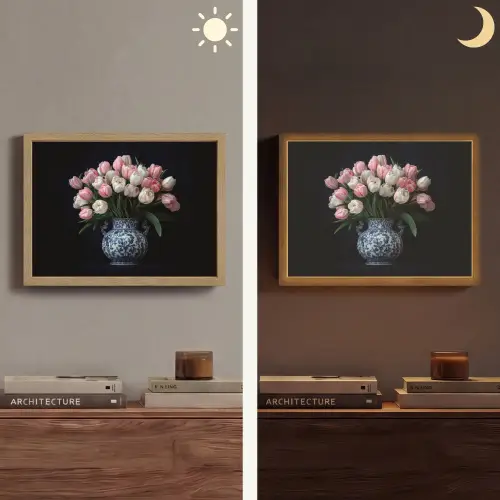 Bloemen - Roze - Tulpen - Vaas Light Box met batterij (Wandlamp) middel -sfeer3