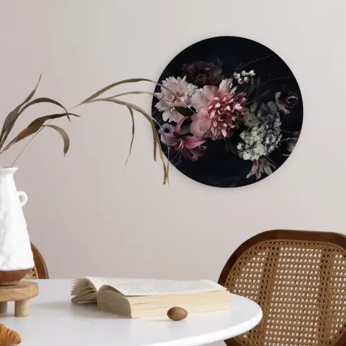 Bloemen - Vintage - Pastel - Zwart - Boeket Wandcirkel kunststof plaat 5mm dik klein -sfeer4