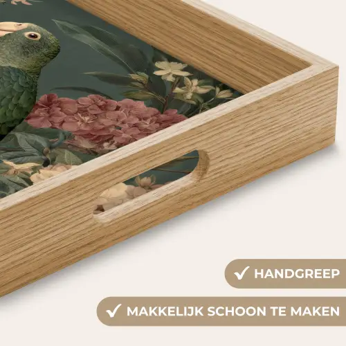 Groene papegaai - Kleurrijke bloemen - Donkere achtergrond Dienblad Rechthoek middel -USP_HandgreepNL
