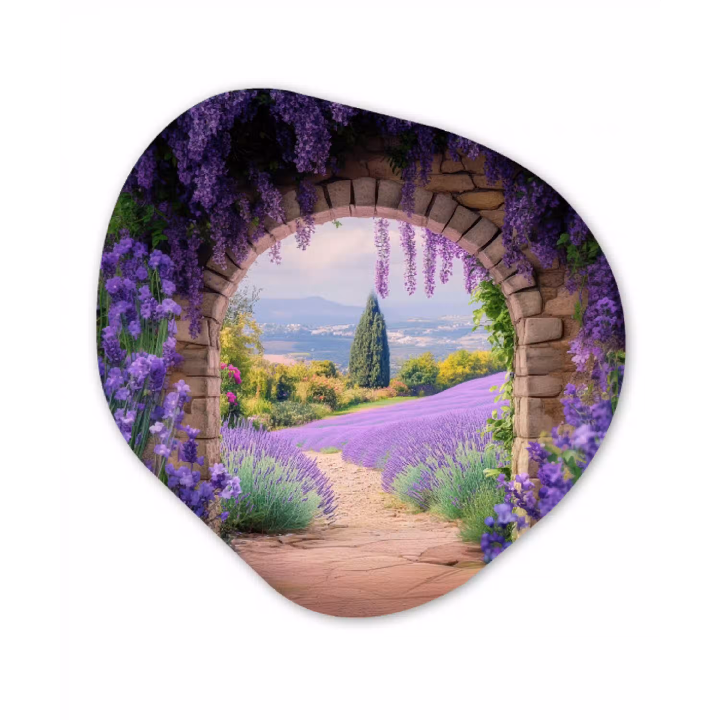 Doorkijk - Lavendel - Bloemen - Paars - Poort Wandcirkel Organisch Aluminium middel -3d