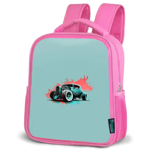 Hotrod turquoise Kinderrugzak - Roze middel -schuin