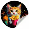 Kat - Eten - Patat - Graffiti - Abstract Wandcirkel behangsticker klein -3d