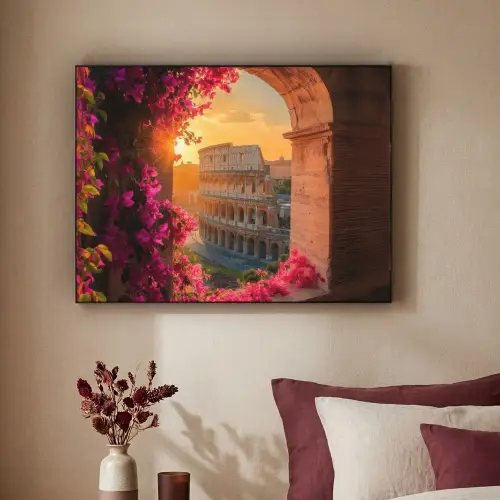 Colosseum - Rome - Roze Bloemen Textielframe zwart klein -sfeer1