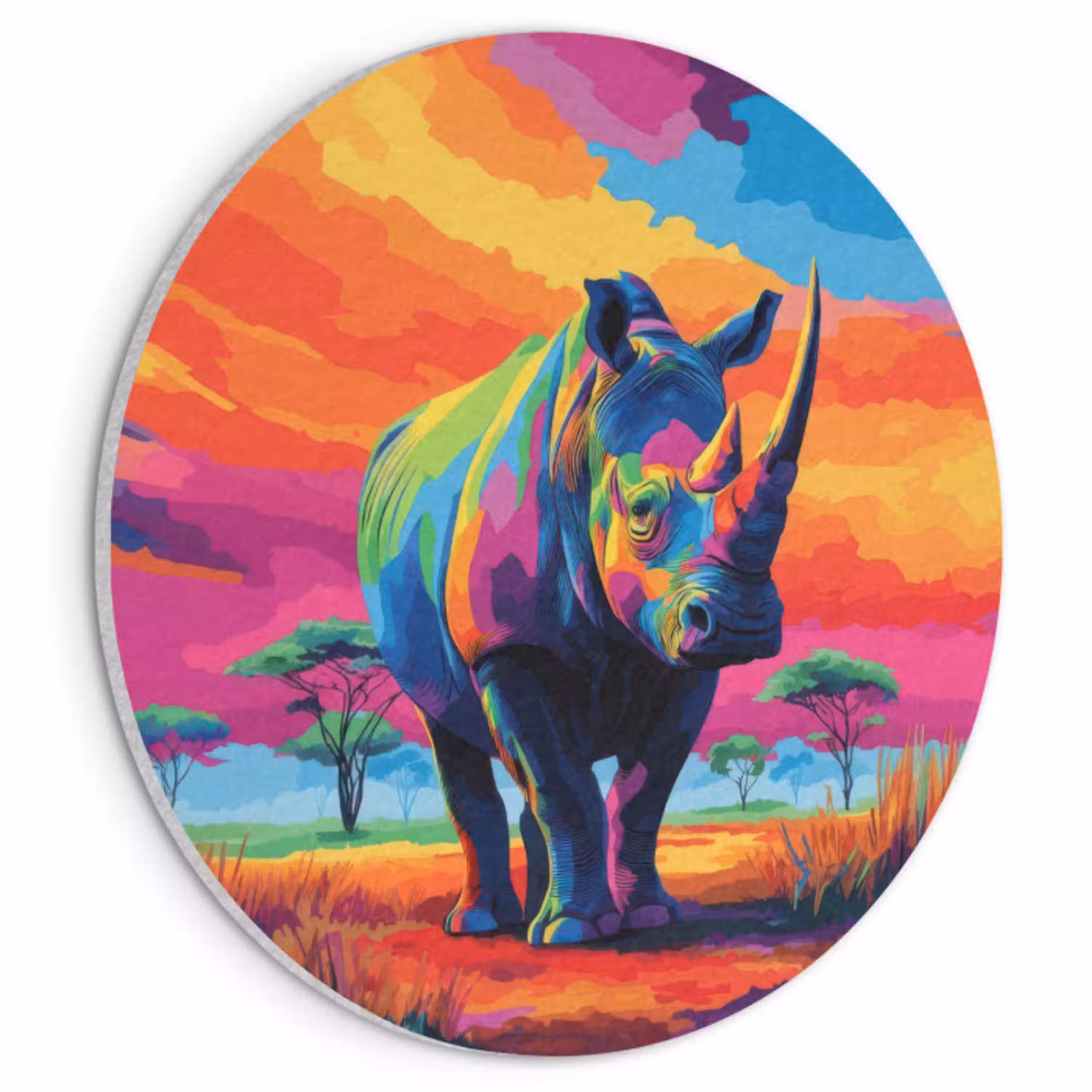 Neushoorn - Zonsondergang - Savanna - Kleurrijk Akoestische PET Vilt - Rond klein -3d