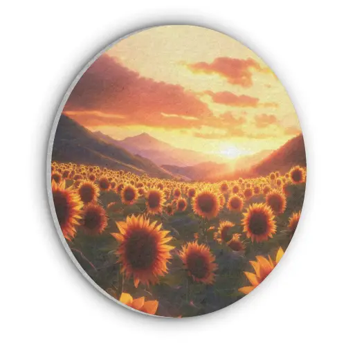 Zonnebloemen - Zonsondergang - Landschap Akoestische PET Vilt - Rond klein -3d