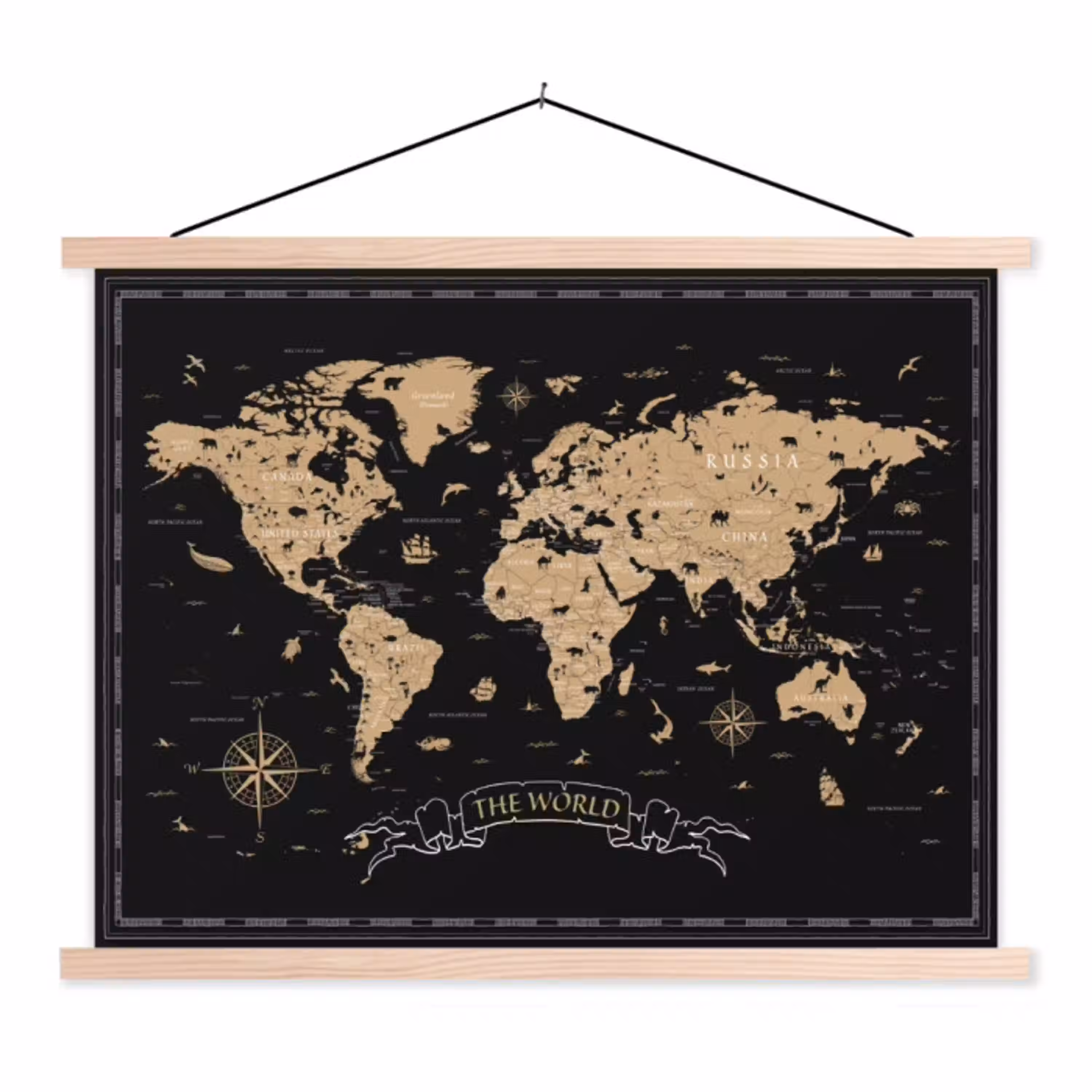 Wereldkaart - Beige - Zwart textielposter latten blank klein -3d