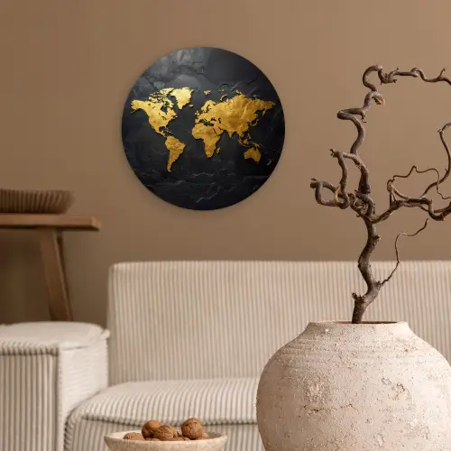 Wereldkaart - Goud - Steen Wandcirkel plexiglas klein -sfeer1