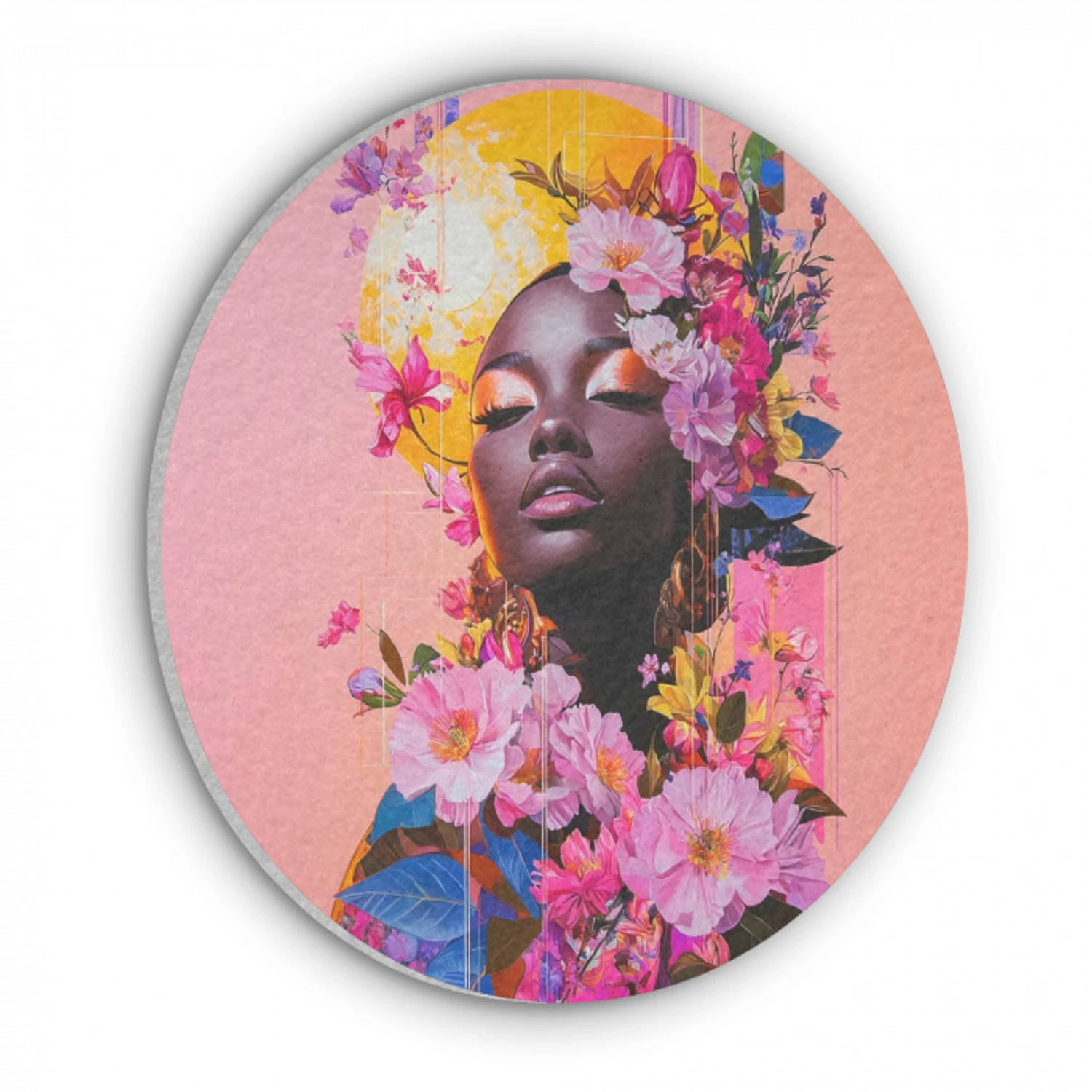 Kleurrijk - Bloemen - Vrouw - Zon Akoestische PET Vilt - Rond klein -3d
