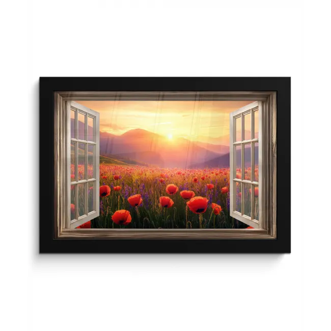 Doorkijk - Klaprozen - Bloemen - Rood - Open raam fotolijst zwart zonder passe partout klein -3d