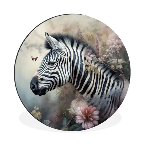 Zebra - Wilde dieren - Vlinder - Bloemen Wandcirkel aluminium klein -3d