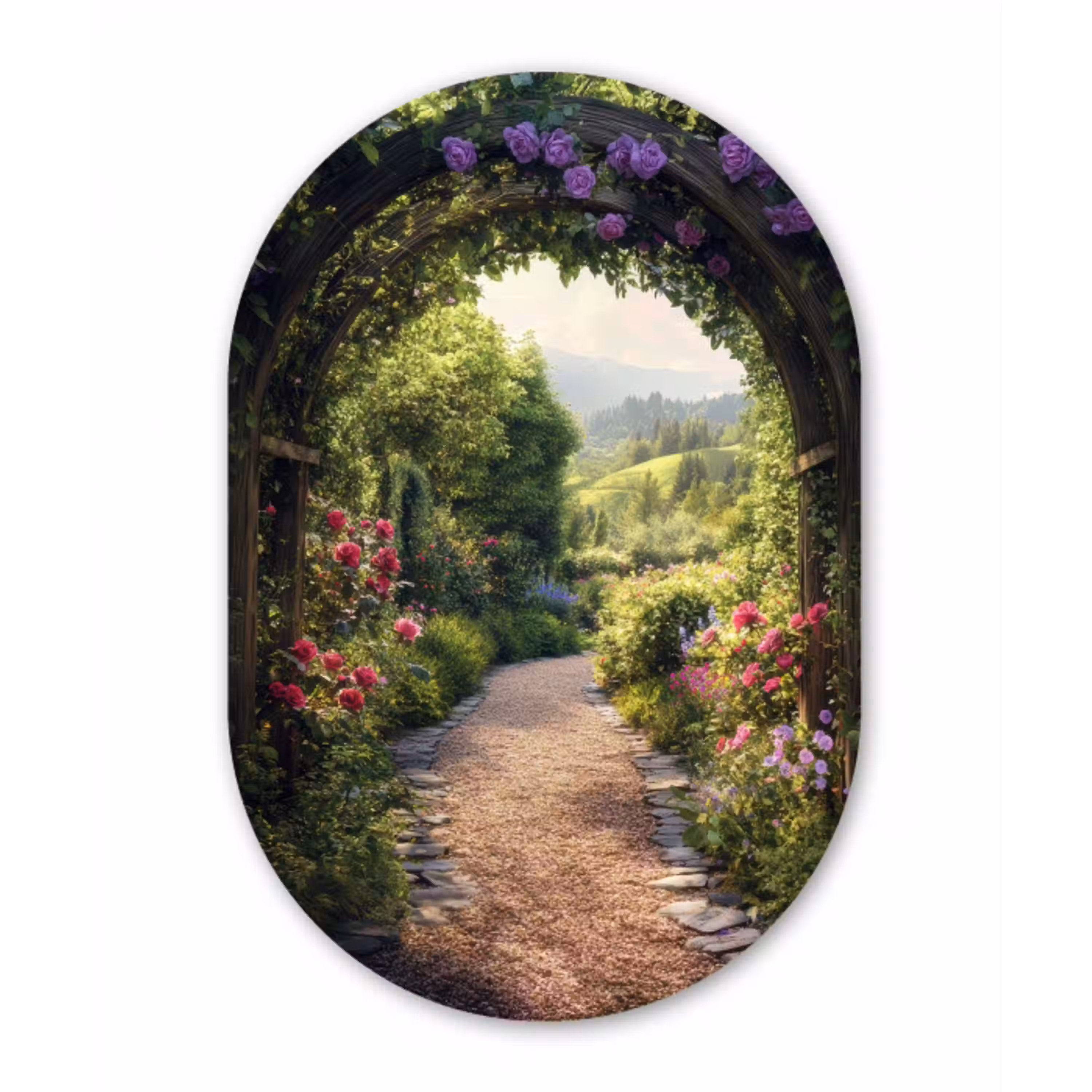 Doorkijk - Landschap - Bloemen - Tuinboog - Natuur Wandcirkel Ovaal Glas middel -3d
