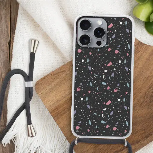 Terrazzo - Patroon - Zwart - Zacht Hoesje iPhone 16 Pro Max met koord klein 804 -sfeer4