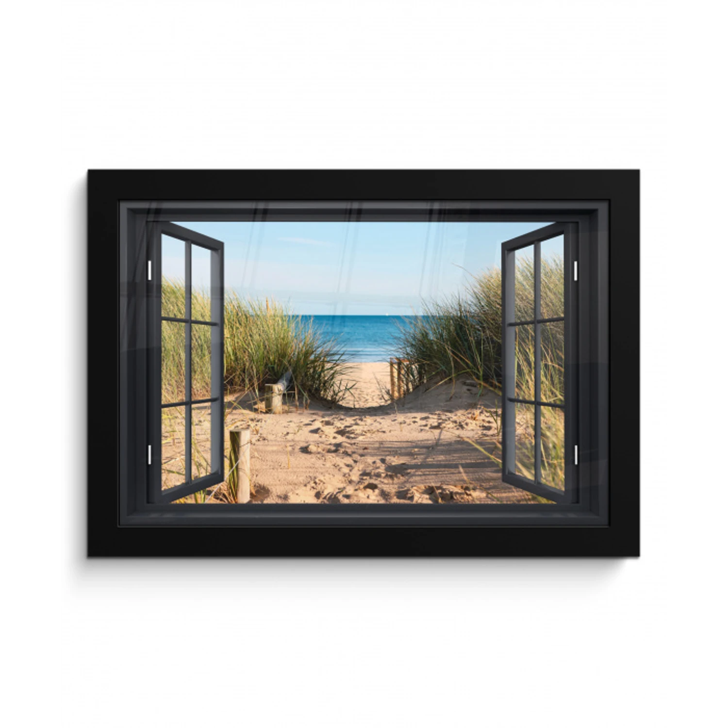 Doorkijk - Strand - Zee - Zand - Water - Helmgras - Duinen fotolijst zwart zonder passe partout klein -3d