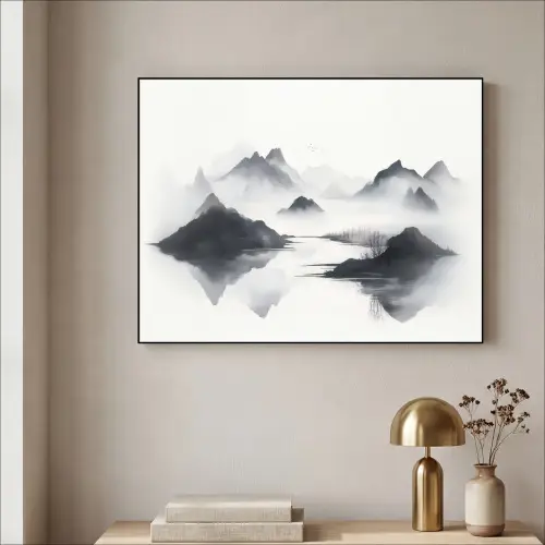 Bergen - Mistig - Water - Wit Textielframe - compleet frame klein -sfeer2