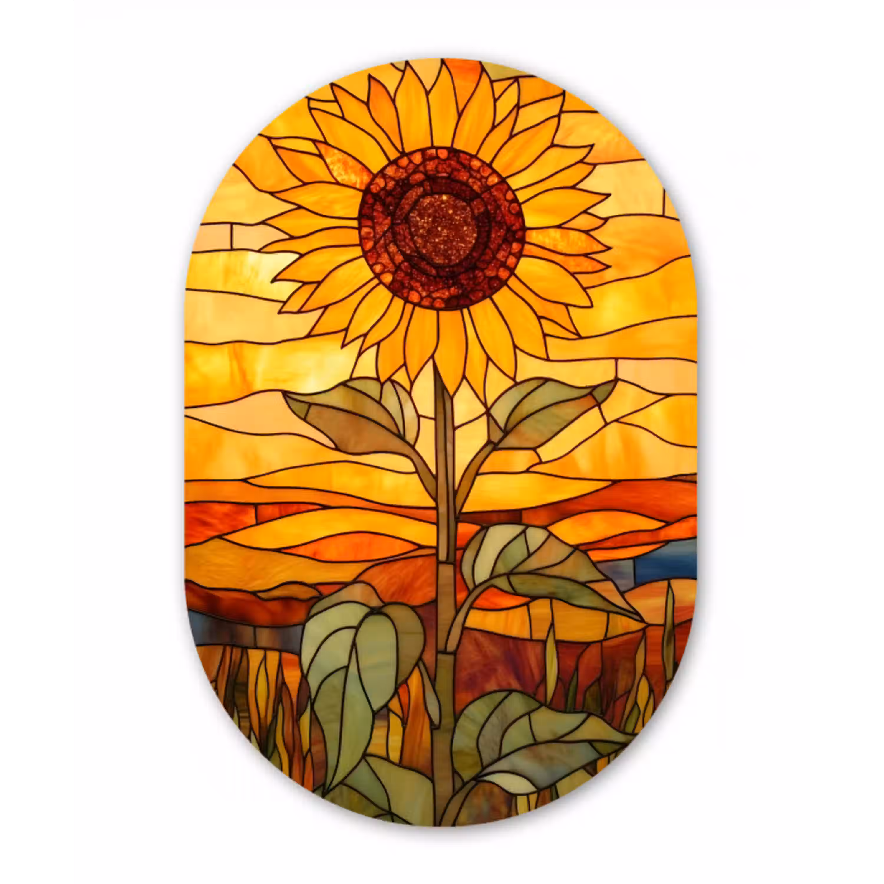 Zonnebloem - Mozaïek - Zonsondergang - Geel Wandcirkel Ovaal Aluminium middel -3d